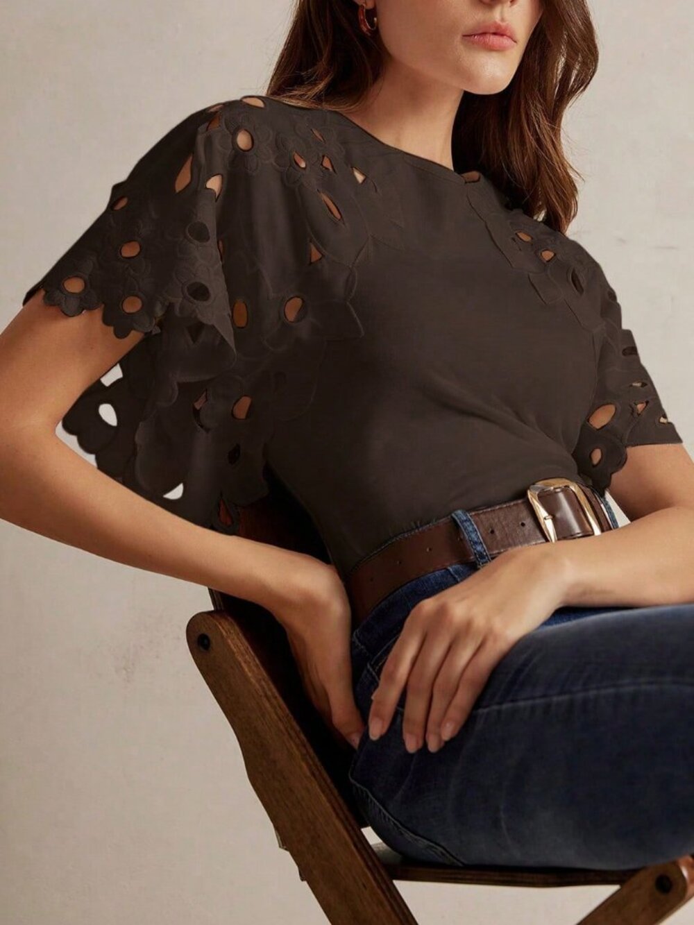 Coffee Brown Casual Women's Elegant Hollow-Out Short Sleeve T-Shirt - Picture 3 of 6
